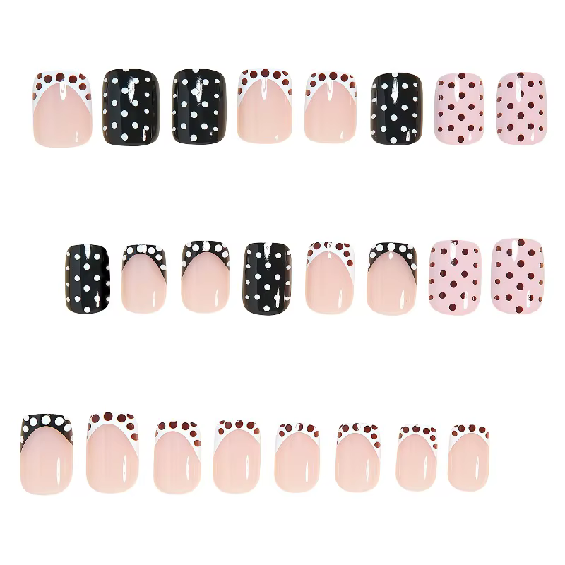 24 faux ongles courts carrés à pois