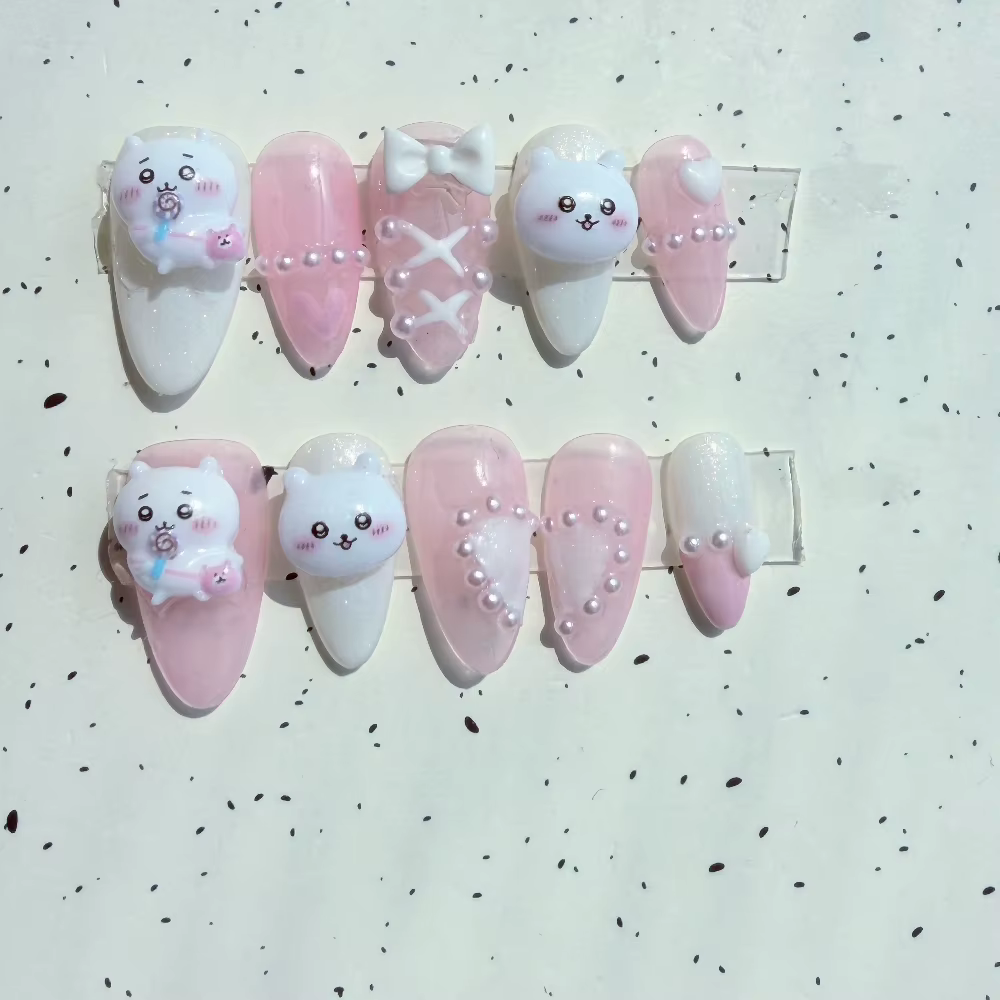 Ongles press-on Chiikawa, mignons, 3D, dessin animé, faux ongles rose et blanc, kawaii, nail art pour filles, cadeau
