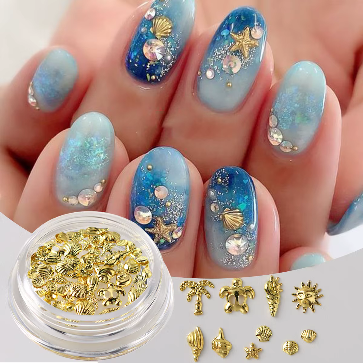 1 Boîte de Décorations Métalliques pour Ongles Thème Océan Doré – Coquillages