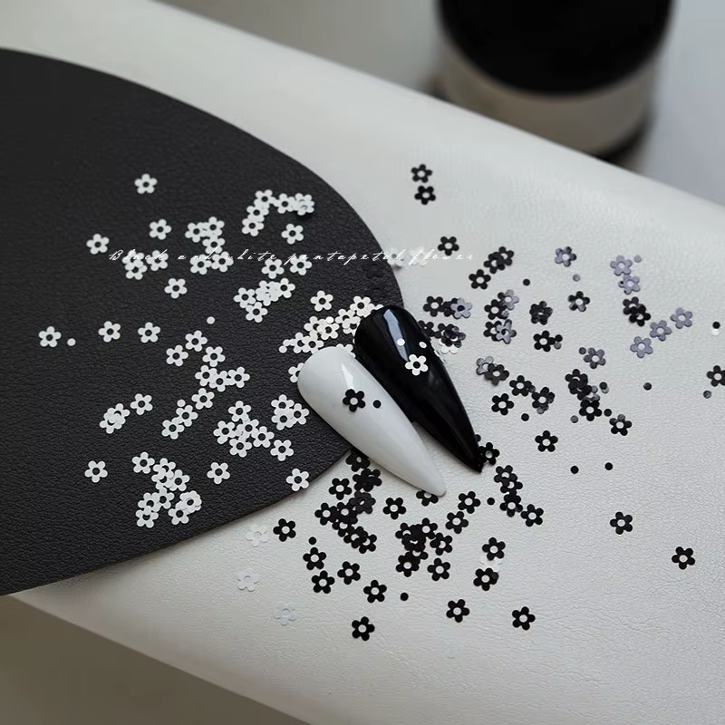 1 boîte de mini paillettes pour ongles en noir et blanc