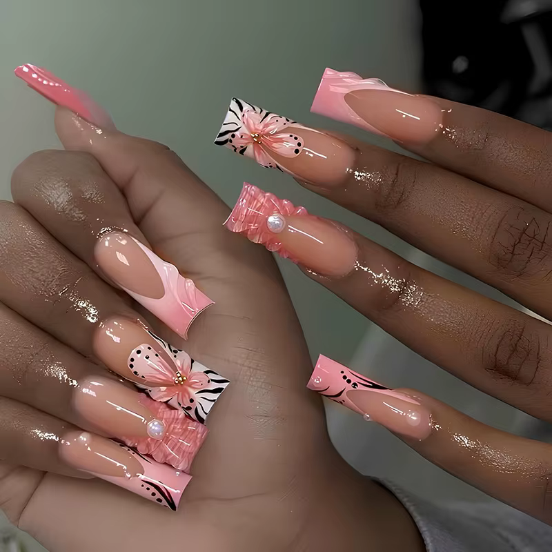 24 pièces rose imprimé léopard presse sur ongles carré faux