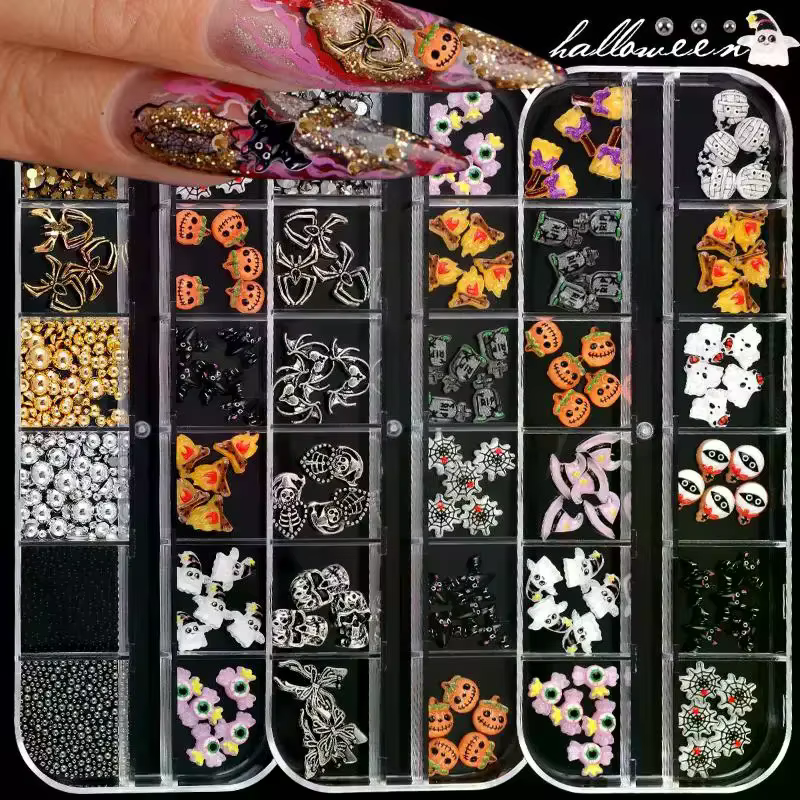 12 grilles série Halloween Nail Art bijoux dessin animé fantôme citrouille araignée chauve-souris breloques pour ongles