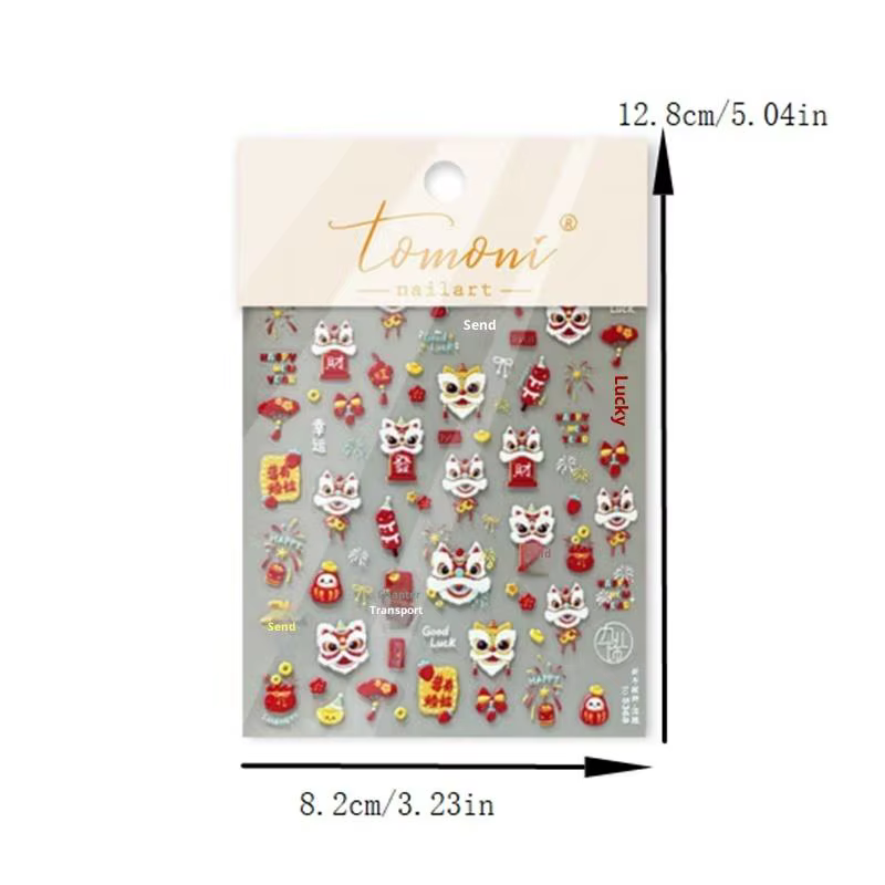 Mignon nouvel an chinois cheval année Lion danse arc Nail Art impression autocollants chanceux poney manucure décalcomanies festif en relief décor d'ongle