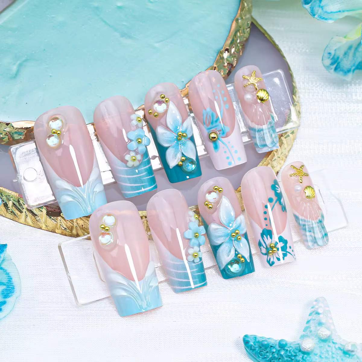 Faux ongles français à pression carrés moyens fleur 3D étoile de mer strass Design de pierres précieuses mignons printemps et été