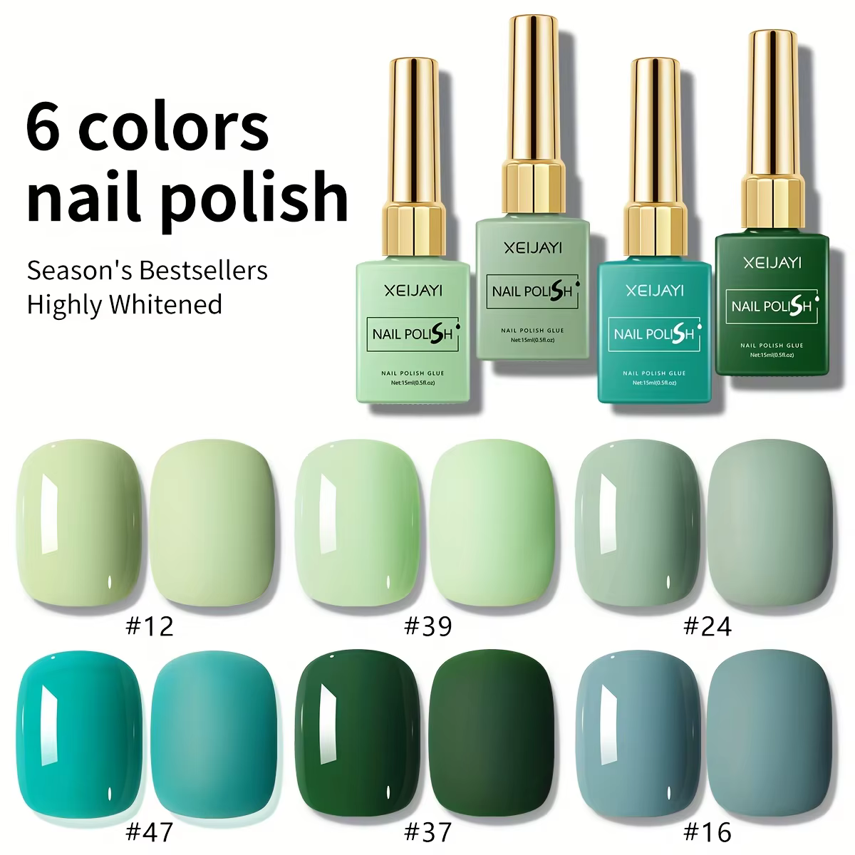 Ensemble de vernis à ongles vert (1/6 pièces) : une collection sélectionnée de verts saisonniers pour un nail art