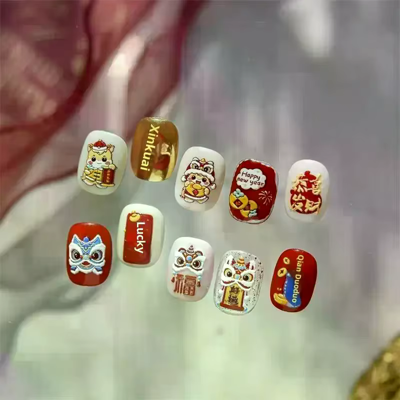 Mignon nouvel an chinois cheval année Lion danse arc Nail Art impression autocollants chanceux poney manucure décalcomanies festif en relief décor d'ongle