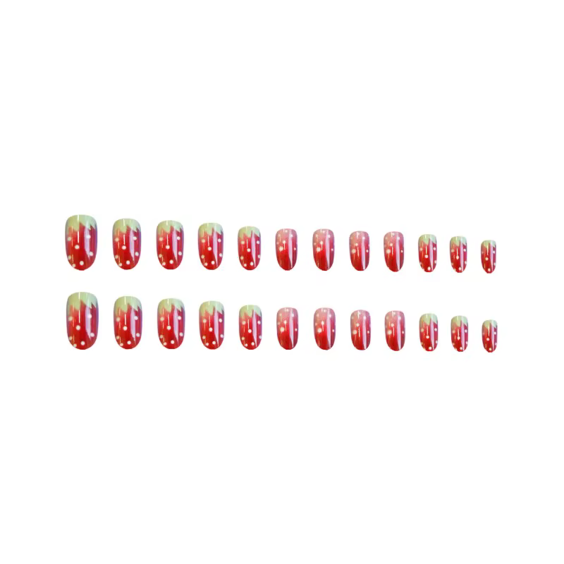 24 pièces doux rouge tache français portable presse sur ongles mignon fraise à pois court ovale faux