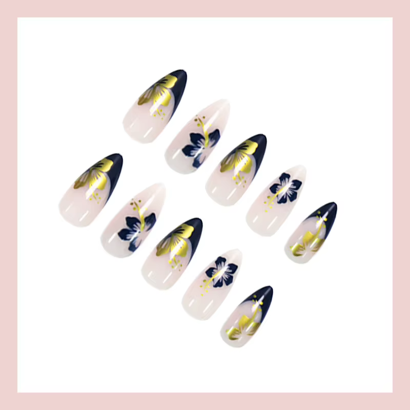 24 faux ongles bleu marine style français