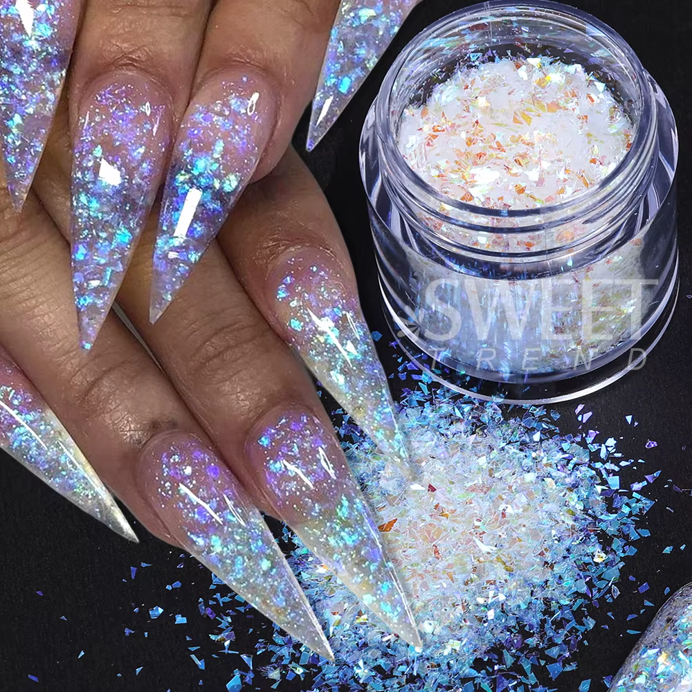 6 bouteilles de Paillettes blanches irisées pour Nail Art