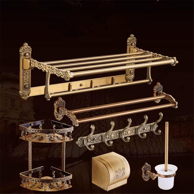 Accessoires de salle de bain en aluminium, bronze antique sculpté, porte-papier, porte-brosse de toilette, porte-serviettes T1