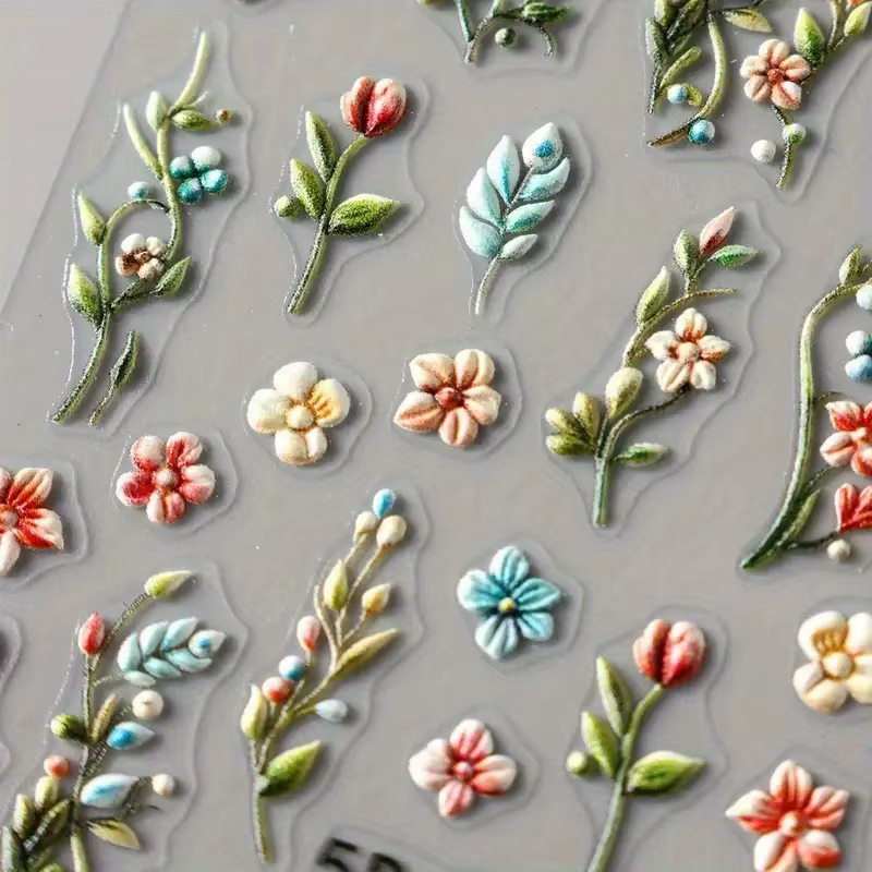 Autocollants pour ongles motif fleur de lys rose - Motifs fleurs roses et feuilles vertes