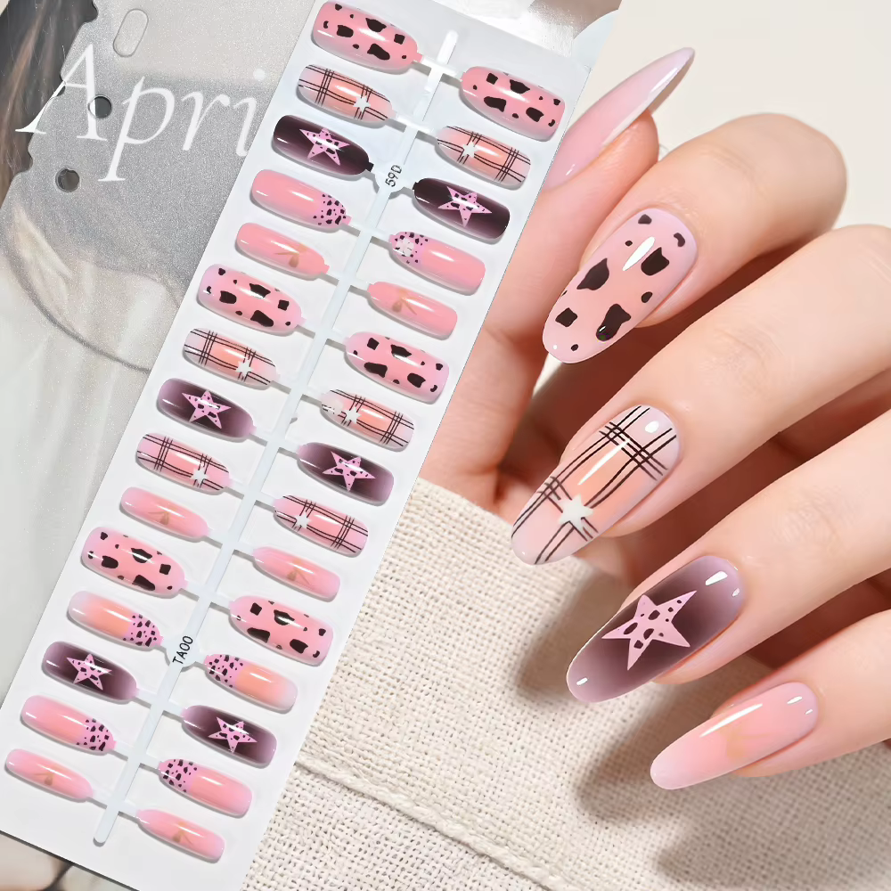 120/150 pièces Faux ongles français ovales moyens dégradés rose bleu