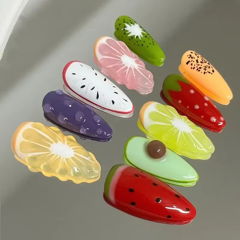 10 pièces à la main fruits d'été faux ongles avec outils 3d citron dessin animé fraise réaliste
