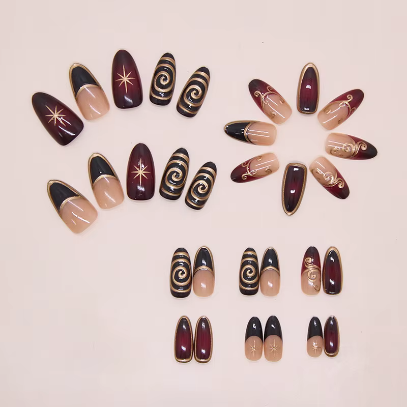 24 pièces lignes dorées modèles faux ongles violet foncé Blush français
