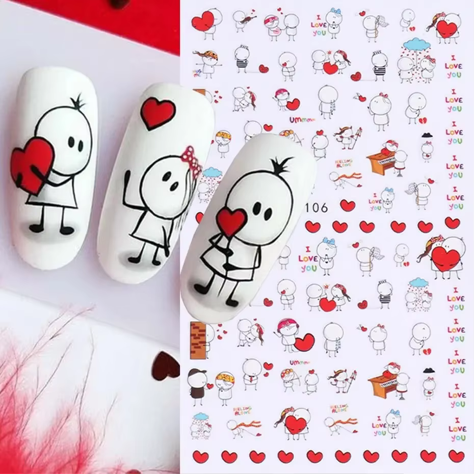 6 pièces 3D saint valentin Nail Art autocollant amant lettre mignon fille dessin animé curseur enveloppe complète