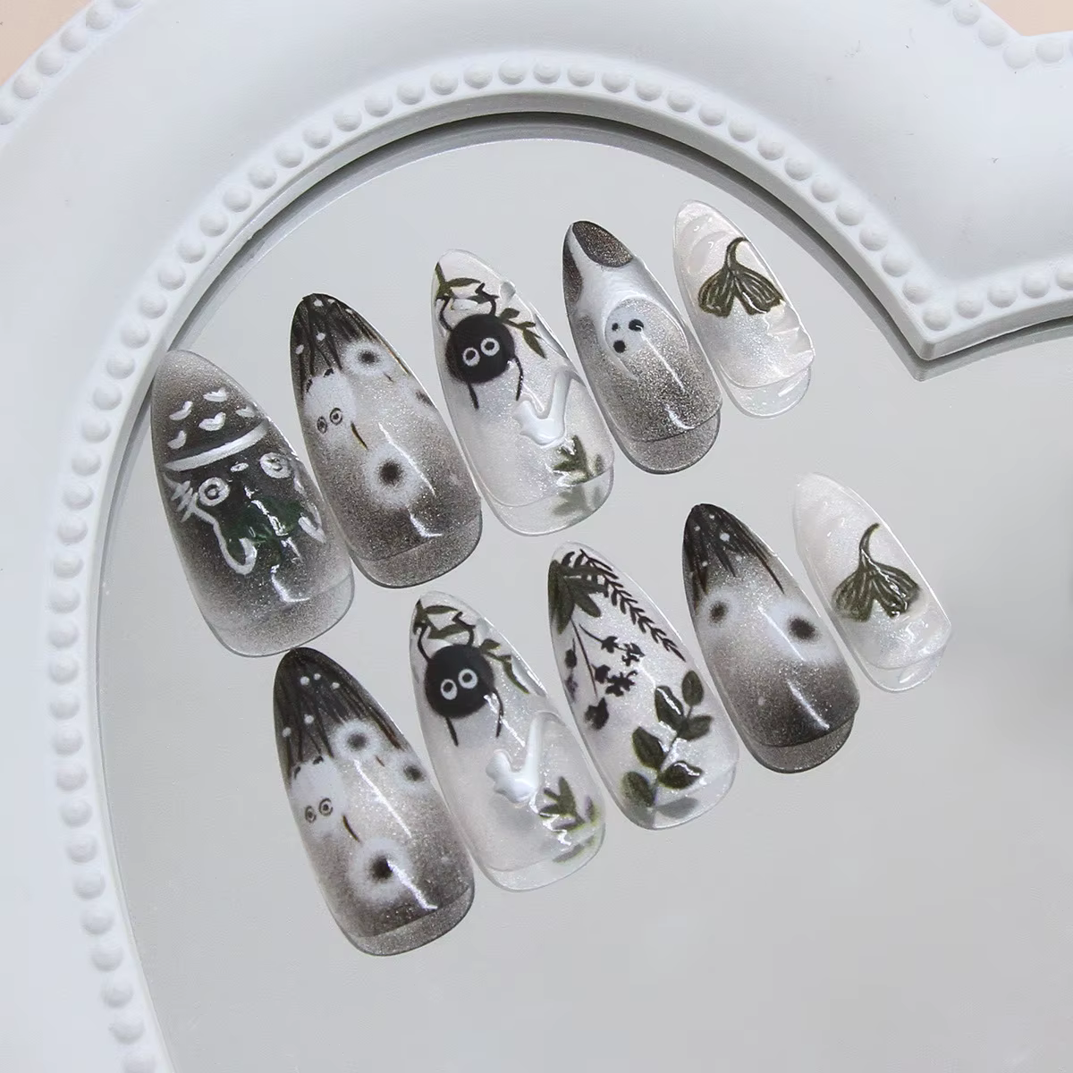 24 pièces dégradé noir faux ongles mignon dessin animé oeil de chat forêt elfe fille presse