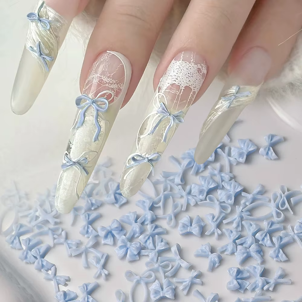 100 pièces 3D bébé bleu mixte nœud papillon Nail Art décorations résine doux ruban arcs ongles breloques pour bricolage artisanat manucure accessoires