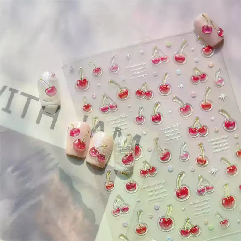 Autocollant d'art d'ongle de cerise rouge de gelée douce gaufrage fille femmes