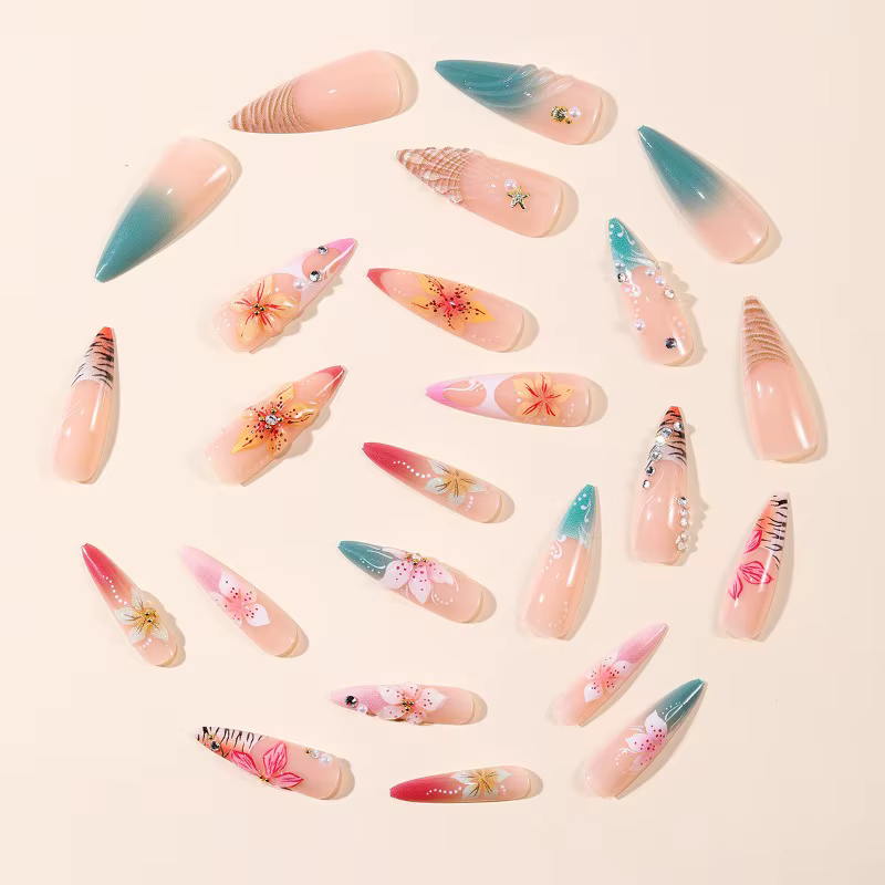 24CS Faux Ongles Français Imprimé Léopard Dégradé Coloré Amande à Presser Fleurs 3D avec Perles pour Femme – Collection Été