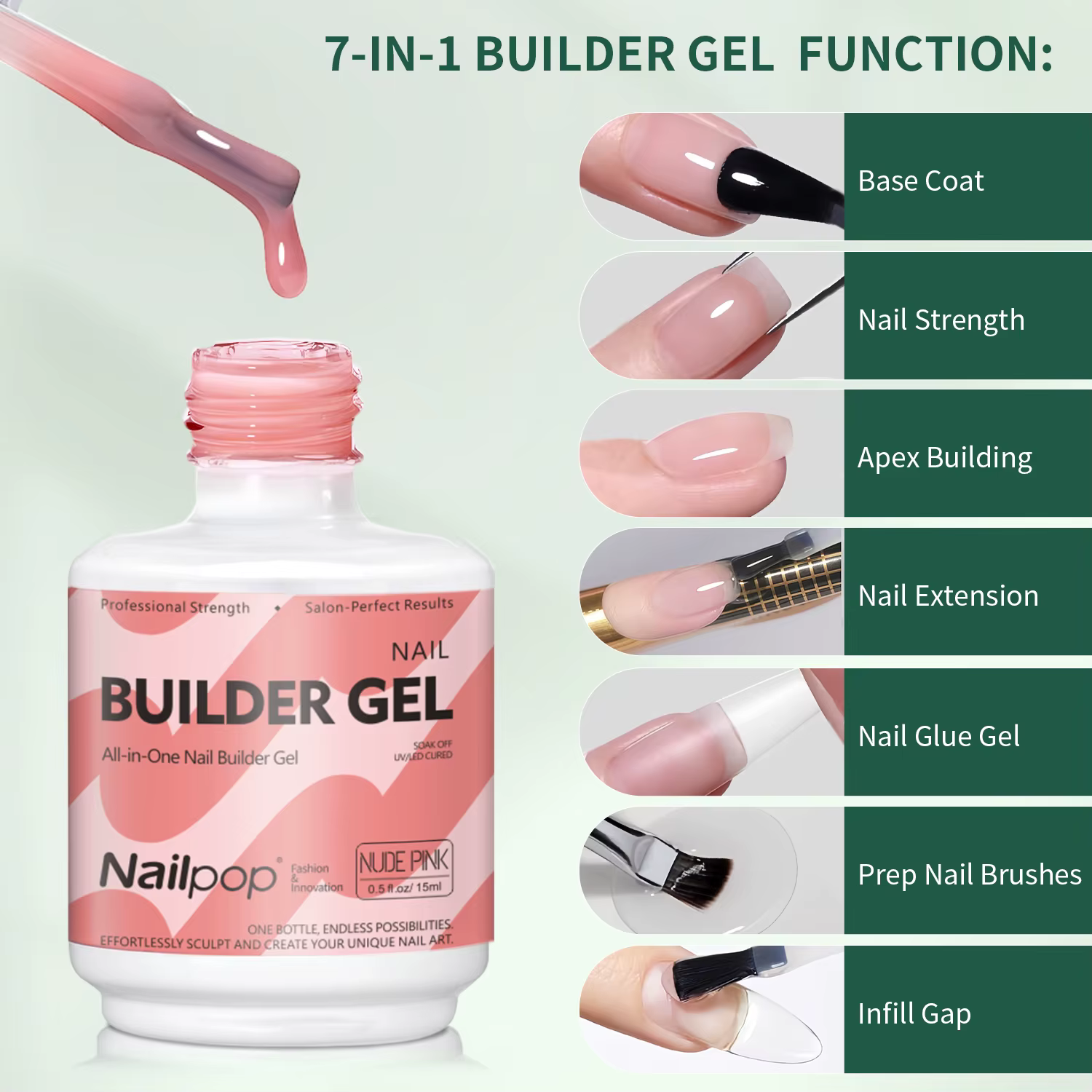 Nailpop 7IN1 Gel constructeur multifonctionnel 4 couleurs Extension force Apex Base de construction pour débutant manucure amicale 15 ml