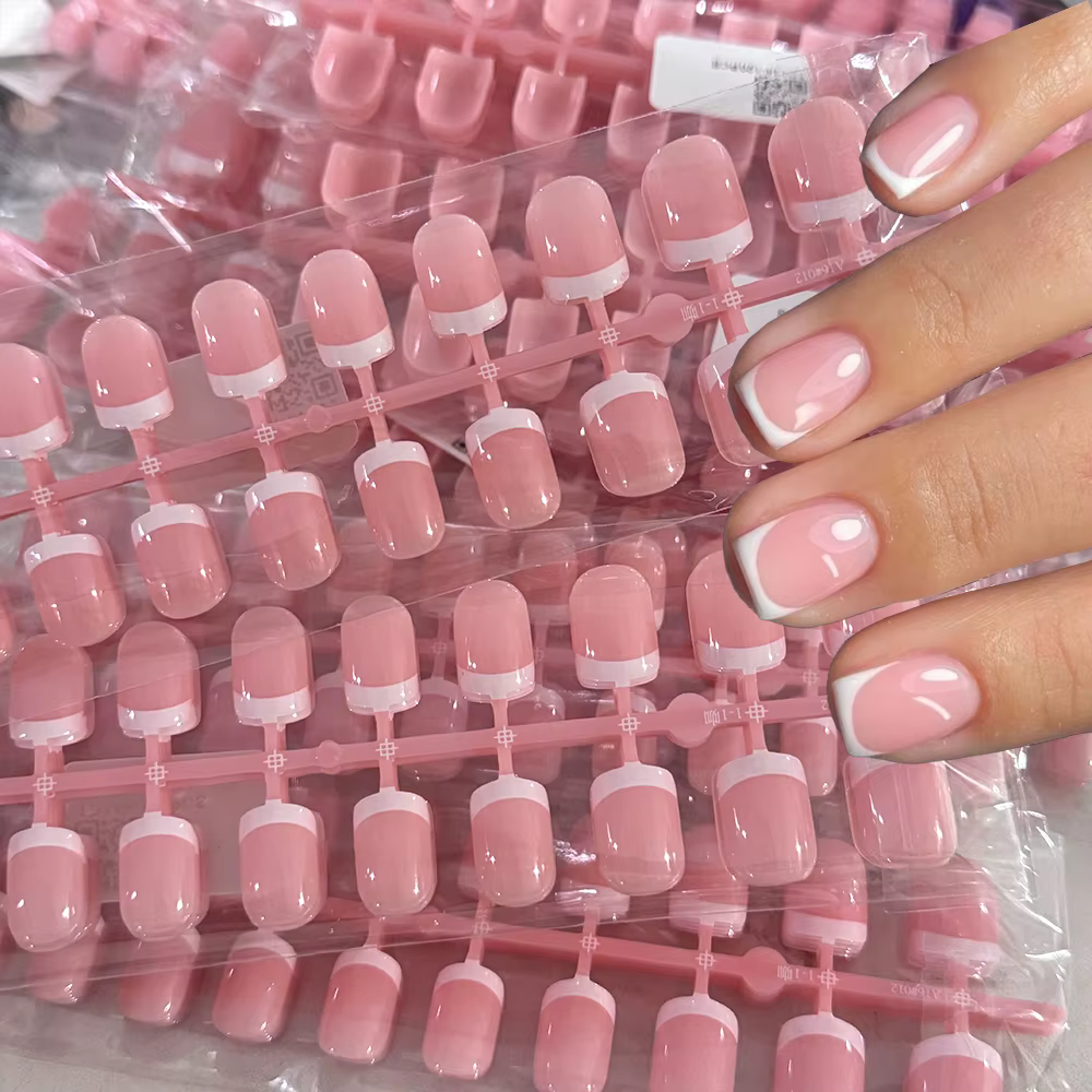 120 pièces rose court carré blanc français faux ongles 24*5 bandes couverture complète acrylique presse
