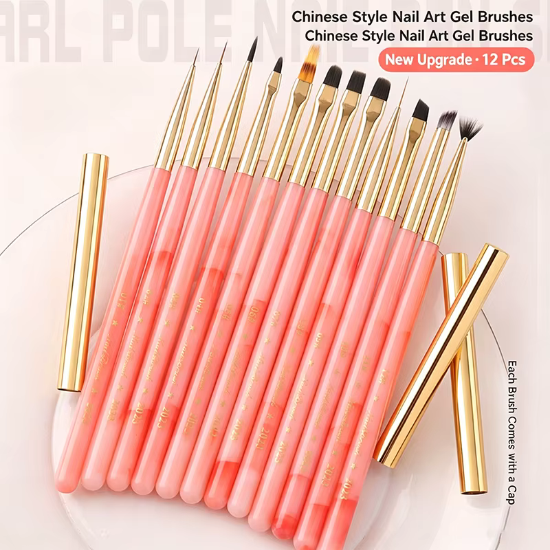 Lot de 12 pinceaux de nail art roses avec manche en jade incrusté