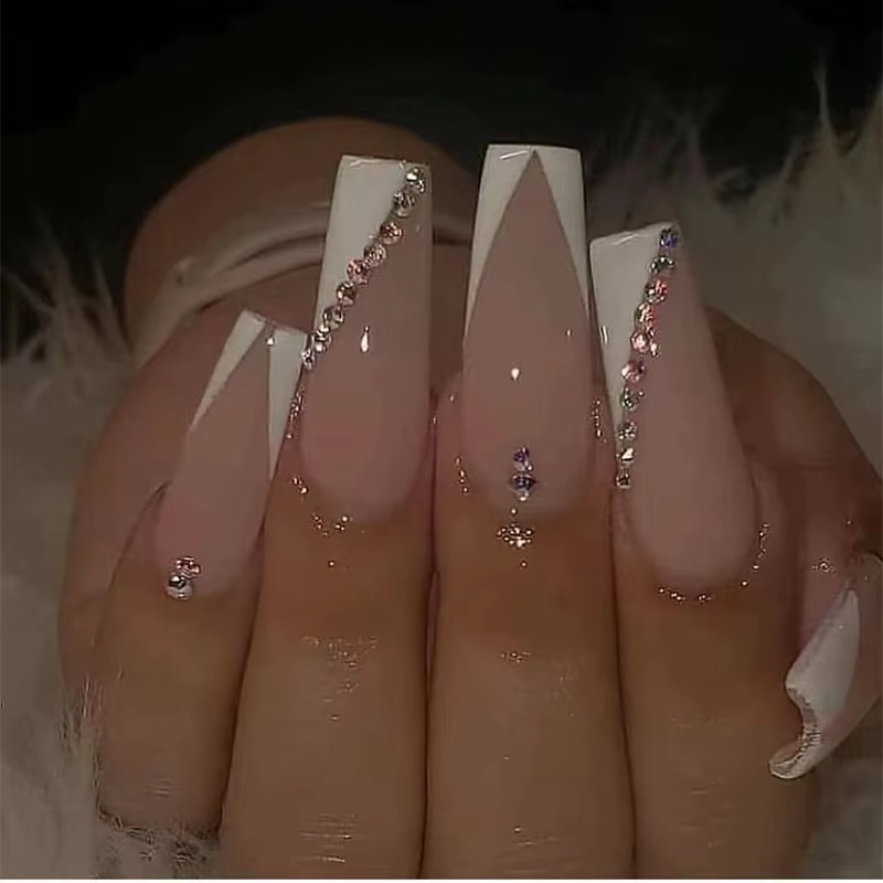 24 pièces longs Ballet français filles Nail Art blanc faux ongles manucure presse