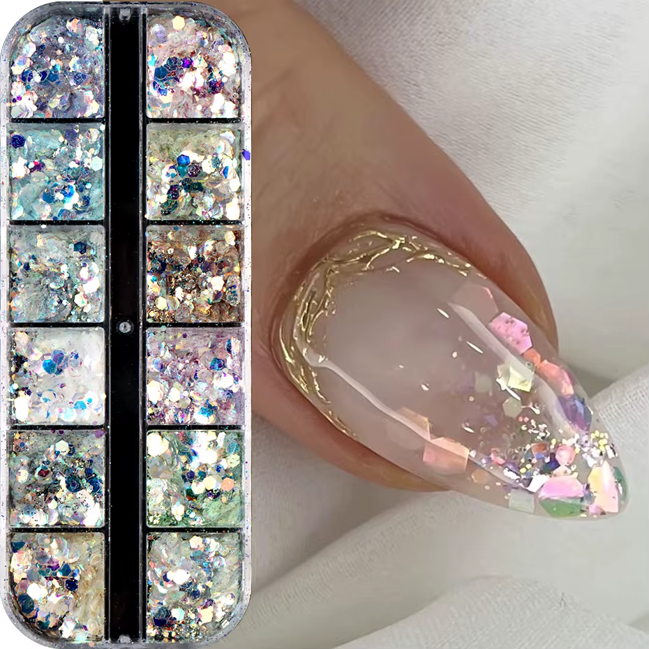 12 grilles scintillantes sirène hexagone Nail Art paillettes