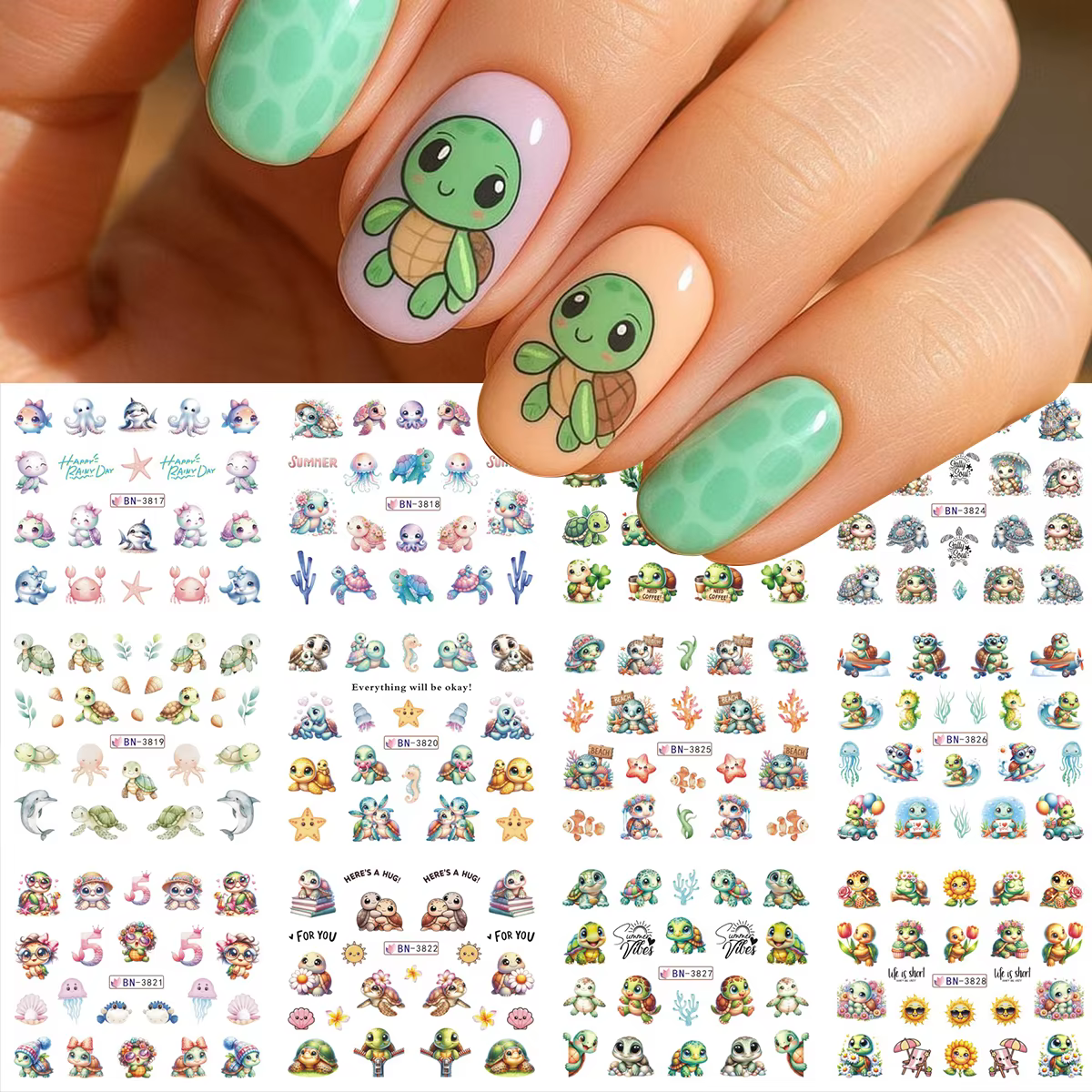 12 Motifs Adorables Tortues Marines Autocollants d'Été pour Ongles Dauphins Étoiles Thème Océan Décoration Manucure à Transfert d'Eau Breloques Coulissantes