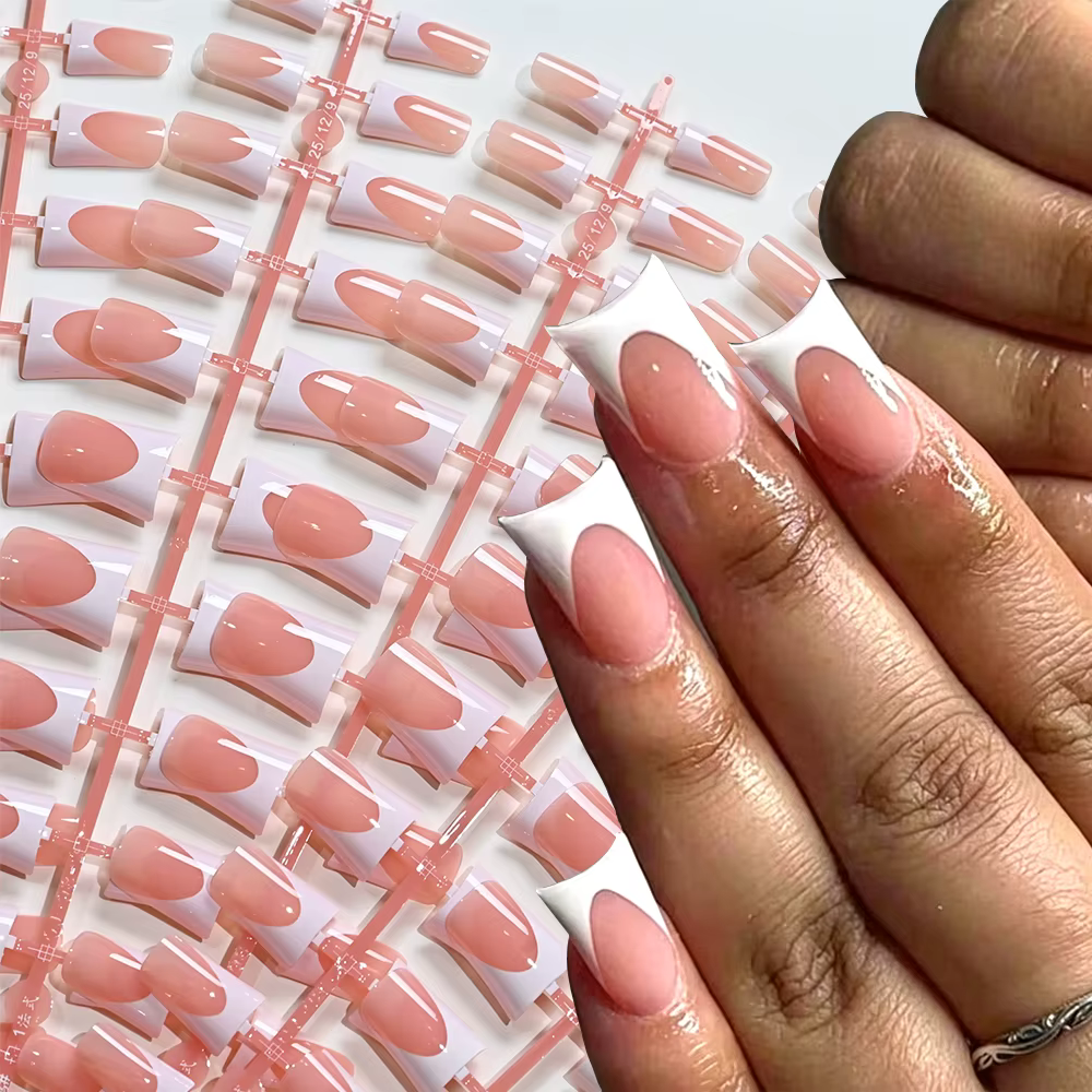 120 faux ongles blancs en forme de bec de canard, longueur moyenne, couleur nude, à presser, élégants et portables, en acrylique