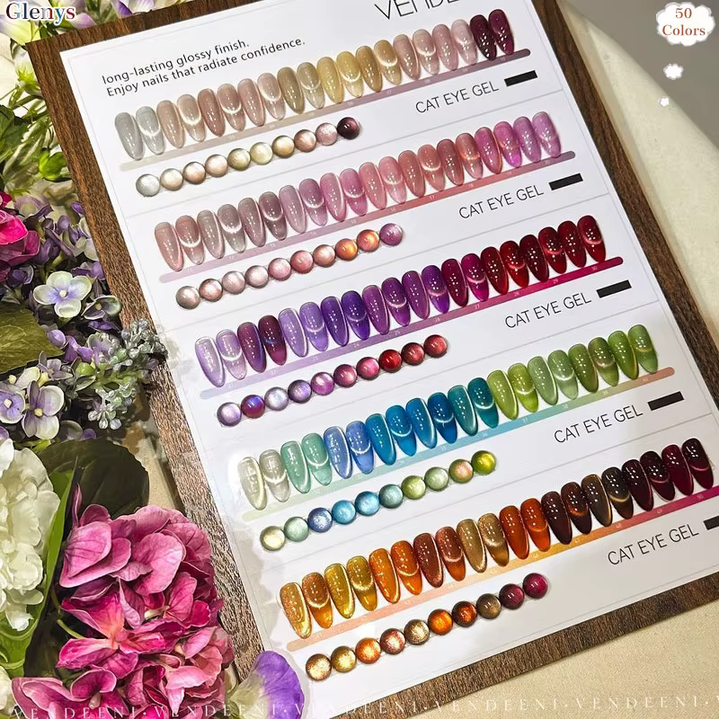 Gel UV/LED pour ongles effet œil de chat 50 couleurs Glenys – Kit professionnel pour salon de manucure