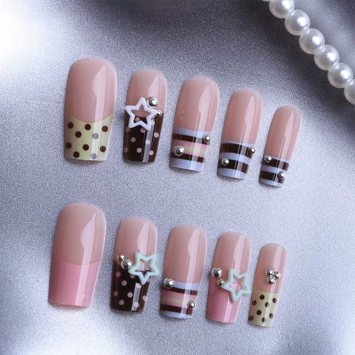 24 pièces Y2K étoiles douces presse sur ongles bleu marron rayures Style français faux