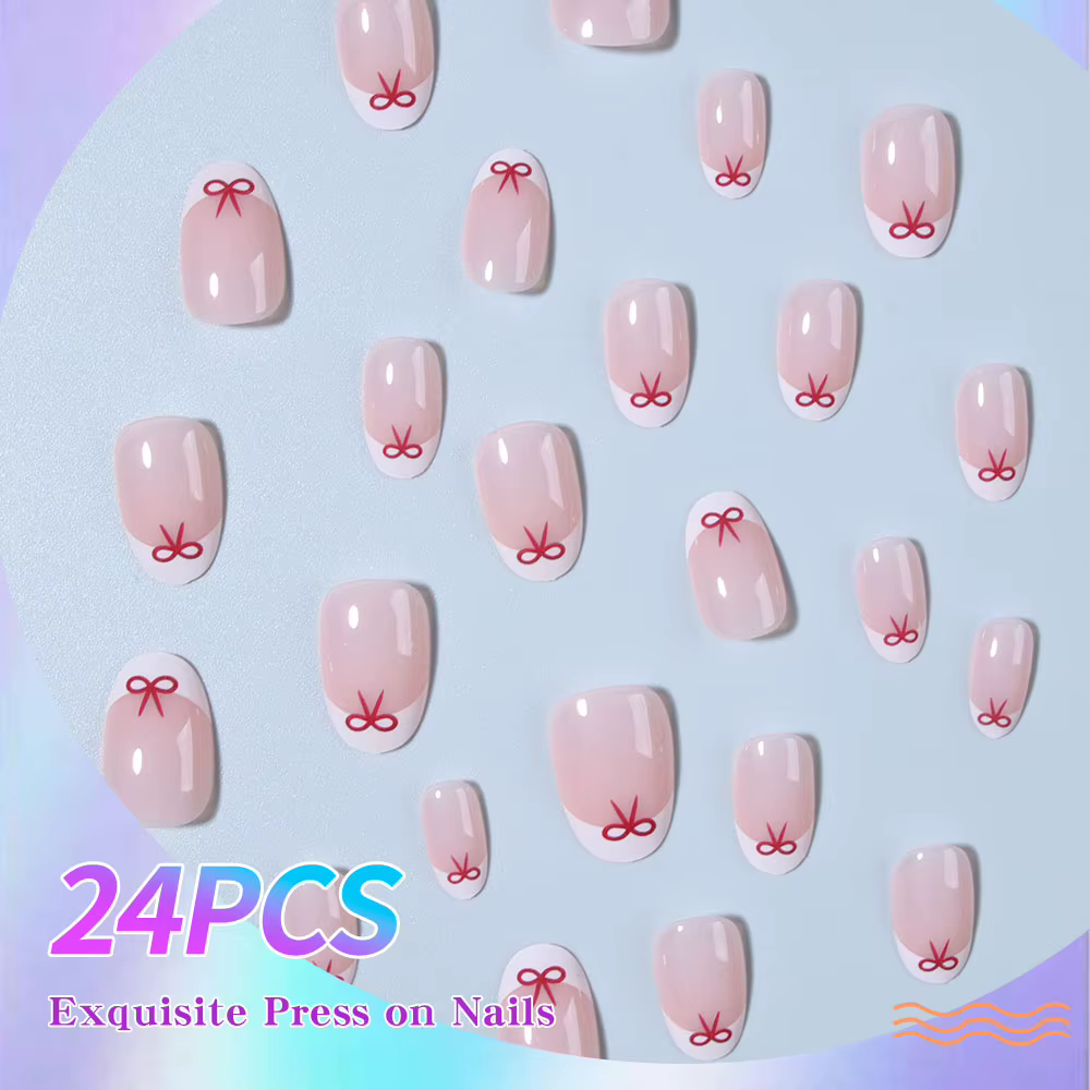 24 morceaux de pointes d'ongles courtes en forme d'amande avec des motifs de nœud rouge