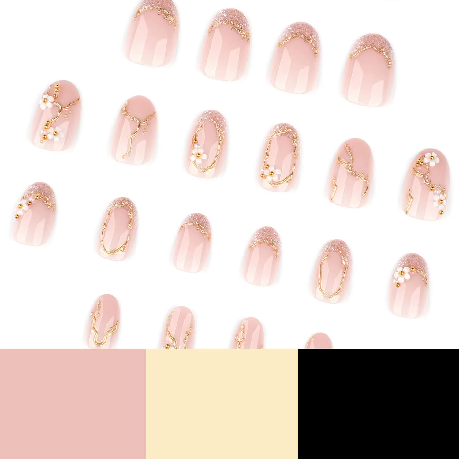 Faux ongles à presser courts en amande rose avec motifs floraux 3D