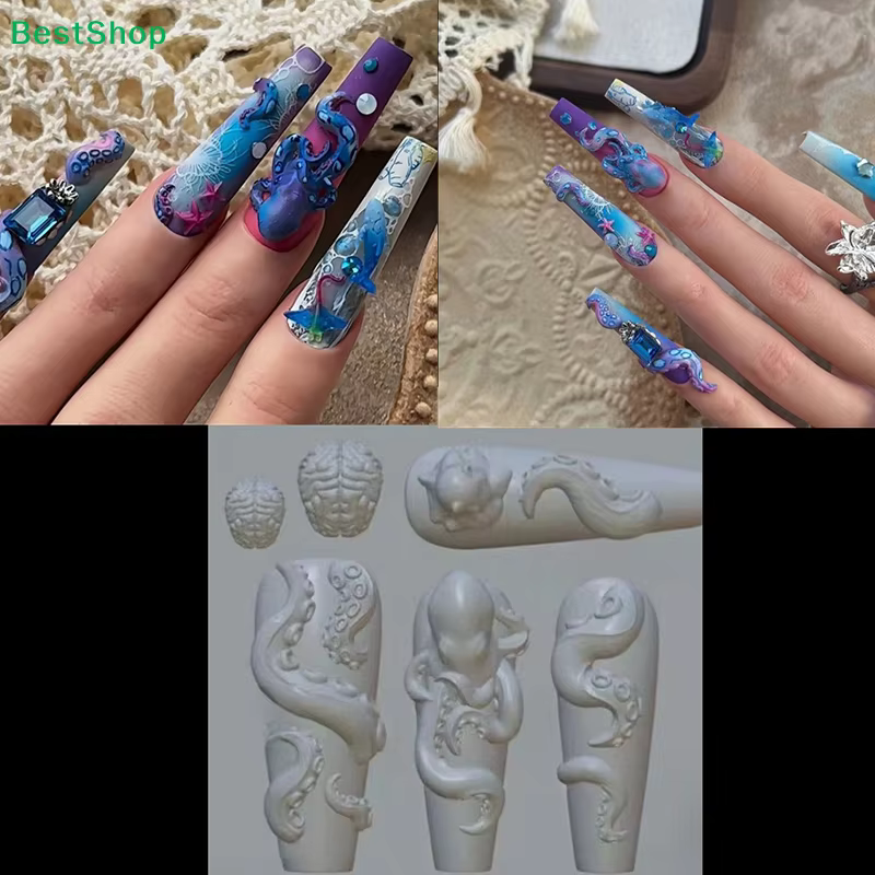 〔R〕Moules en silicone 3D pour nail art - Moules en forme de pieuvre/fraise/poupée pour la création de motifs en résine/vernis gel pour manucure
