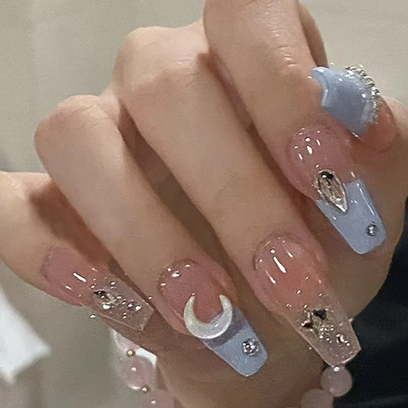 Sel de mer bleu clair 24 pièces presse sur ongles rose dégradé faux