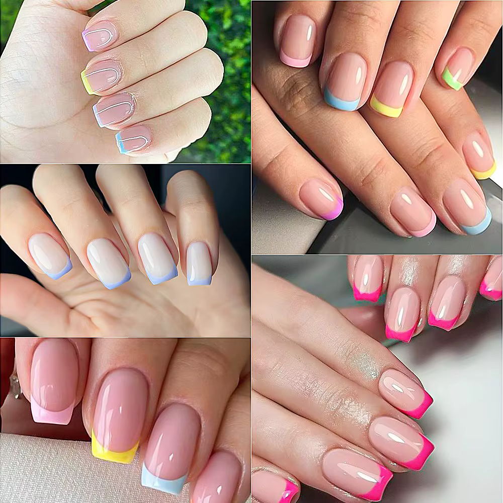 1 boîte couleur bonbon français court carré faux ongles rose/vert/violet couverture complète Macarons presse