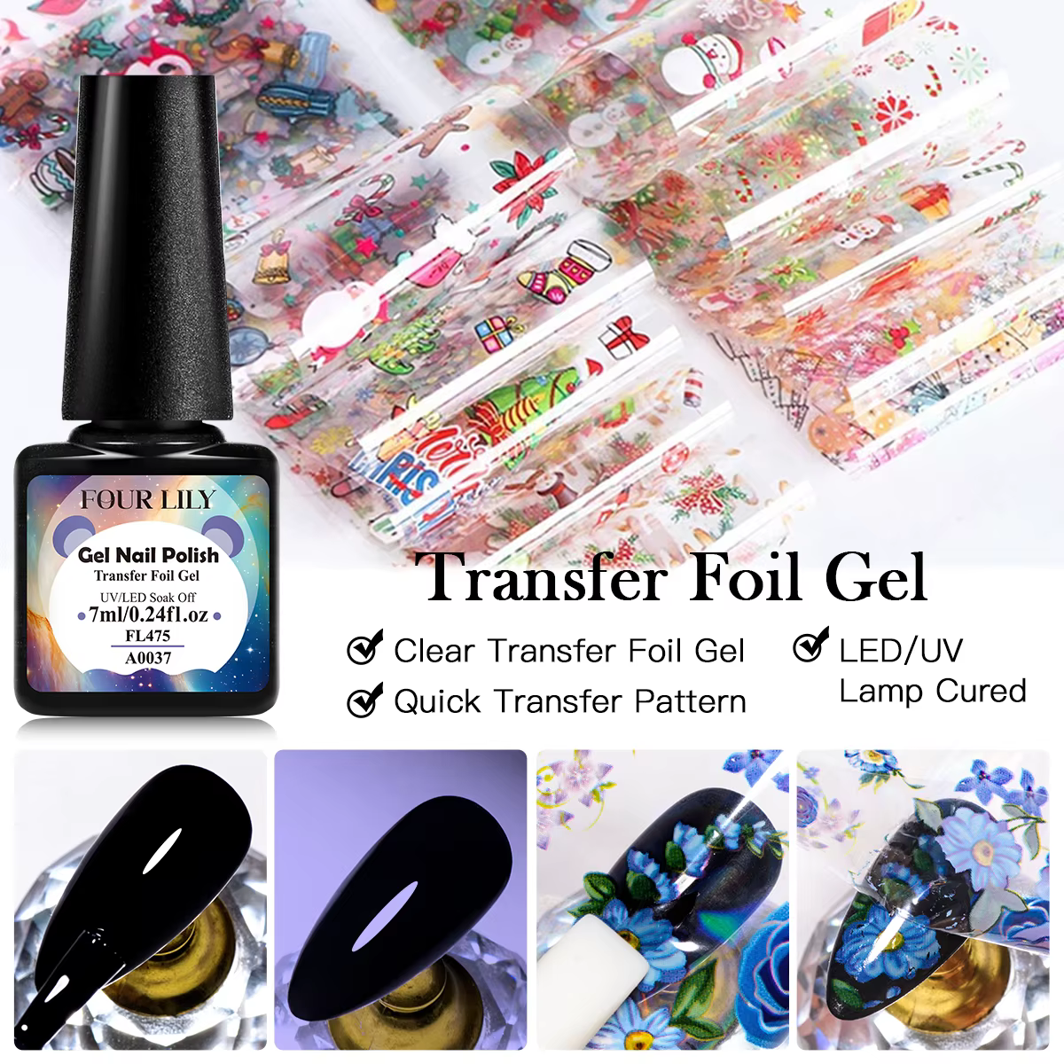 FOUR LILY 7ml Gel de vernis à ongles semi-permanent à transfert par feuille pour autocollants d'ongles
