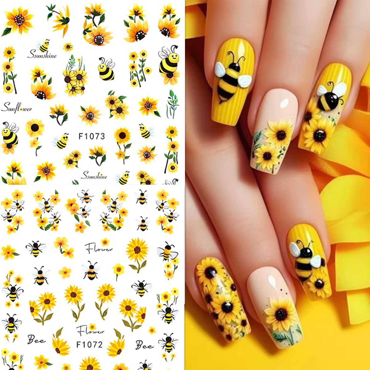 2 autocollants pour ongles abeille tournesol printemps et été