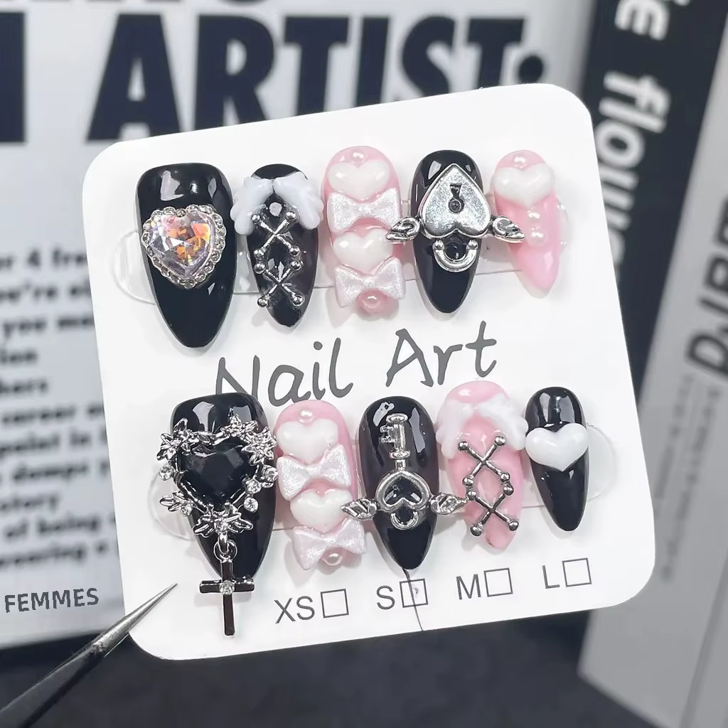 Y2k Spice Girl Fait À La Main Portable Ongles Noir Rose Doux Cool Nail Art Arc Amour Diamant Amande Faux