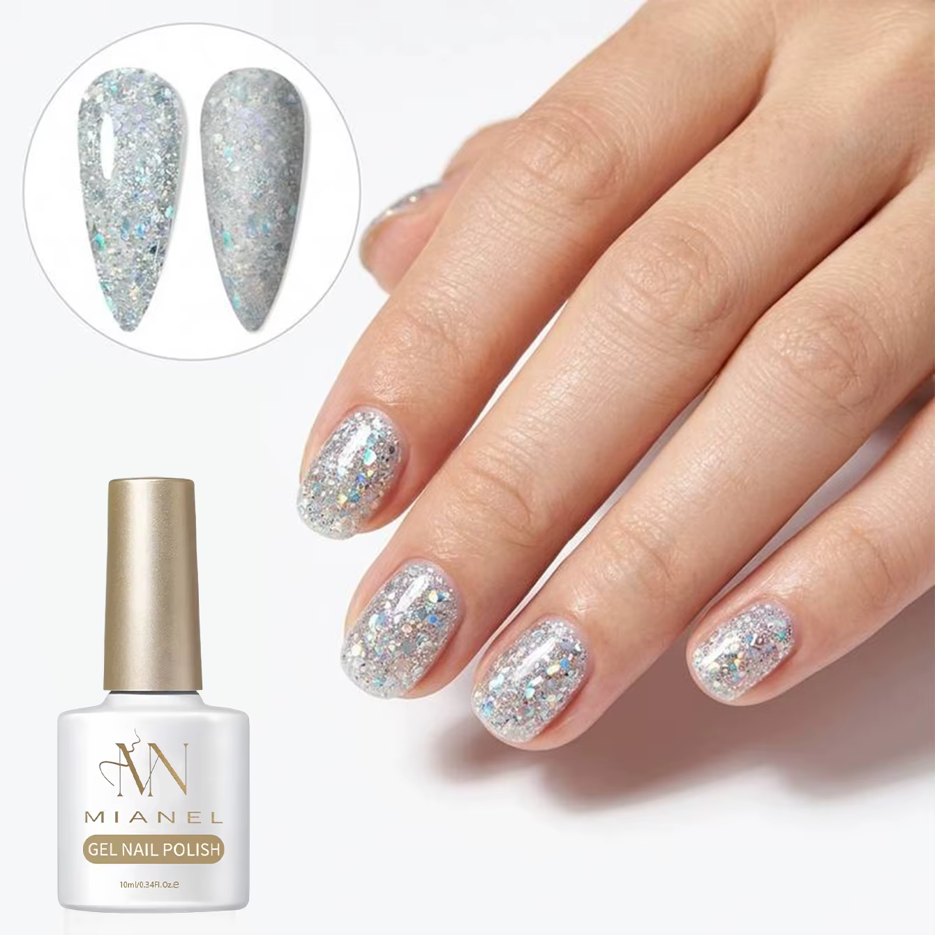 Vernis Gel Holographique Argent-Blanc Pailleté Vert, Gel LED Soak-off, Gel Pailleté Argent-Blanc Irisé, pour Salons de Manucure