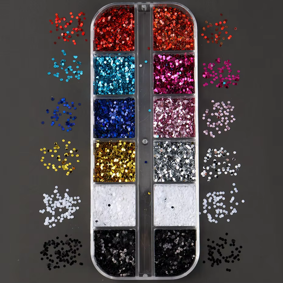 12 compartiments de mini-paillettes à pois pour nail art