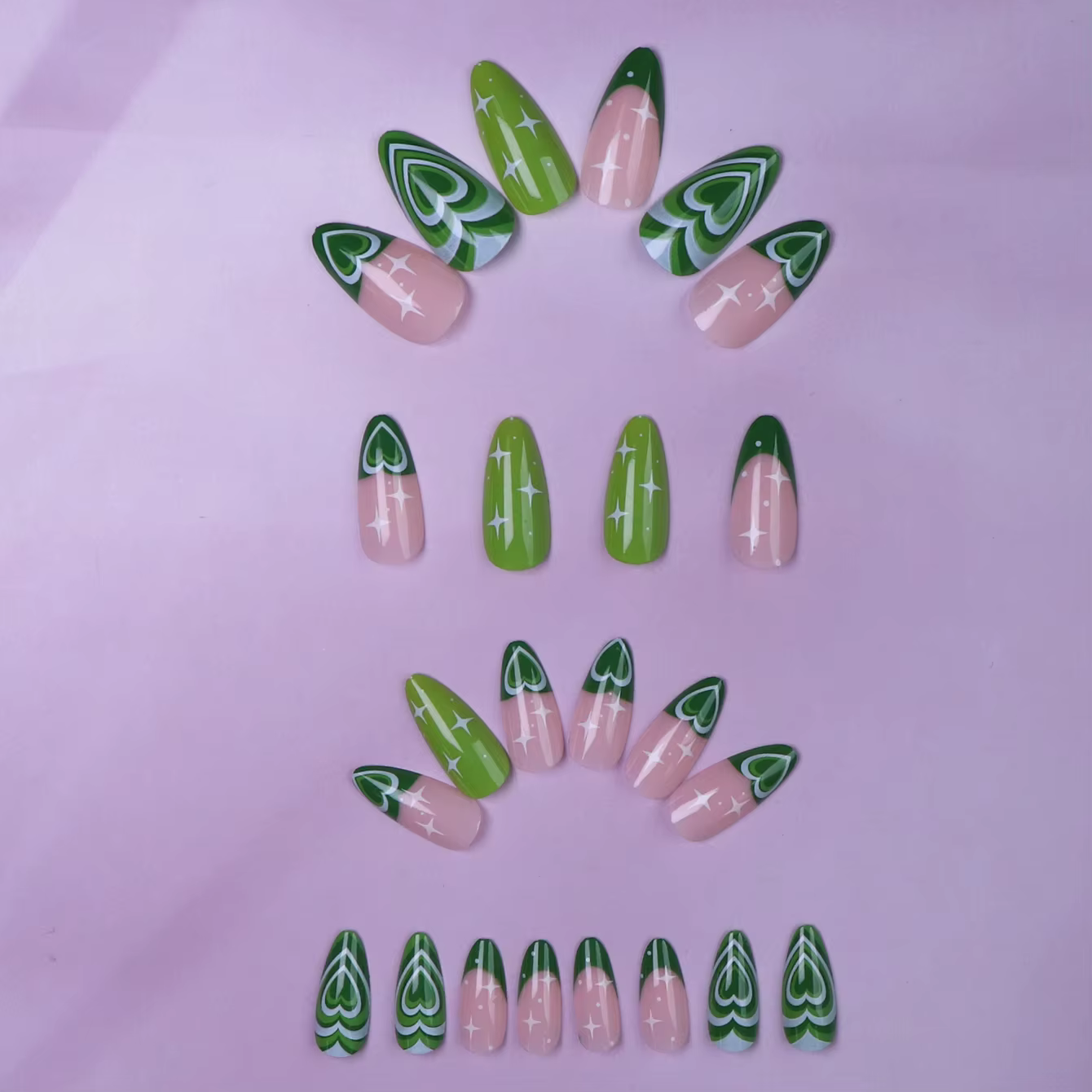24 pièces vert citron presse sur ongles-amande pointe française faux ongles avec des dessins de coeur d'amour