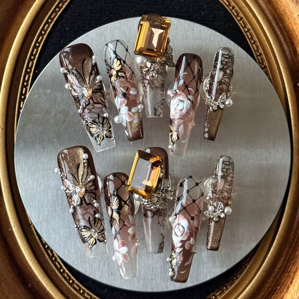 10 pièces haut de gamme fait à la main longue cercueil Ellipse portable couverture complète ongles fleur nœud papillon