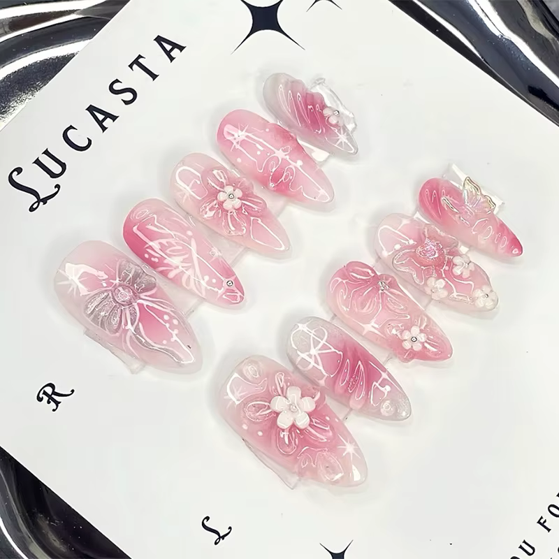 30 pièces fleurs rouges imprimé presse sur ongles français amande rose Blush faux