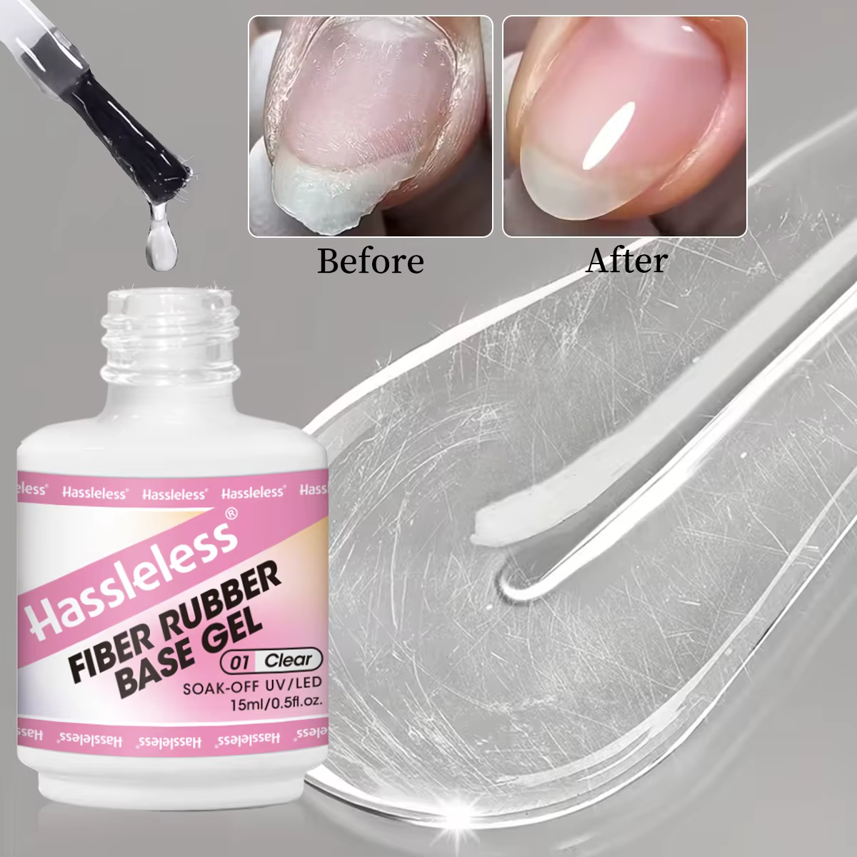 Gel de base en caoutchouc à fibres Hassleless 15 ml pour réparer les ongles cassés