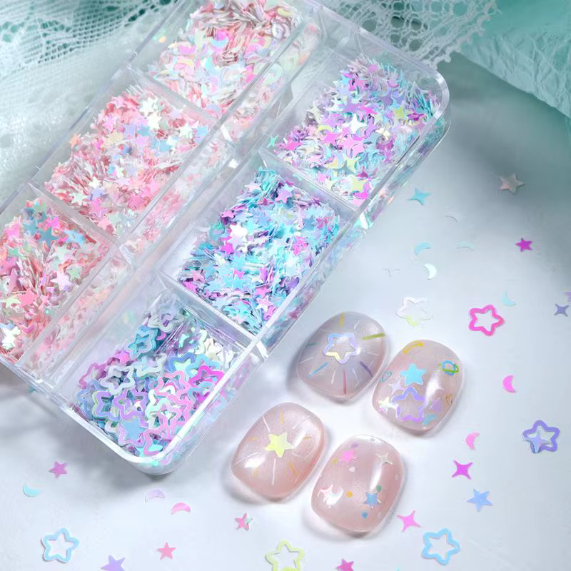 Accessoires pour ongles scintillants étoiles et lunes irisées