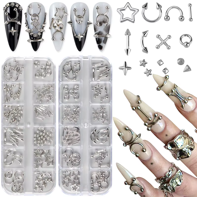 12 grilles Goth Punk ongles breloques goujons Y2K Piercing conceptions métallique argenté