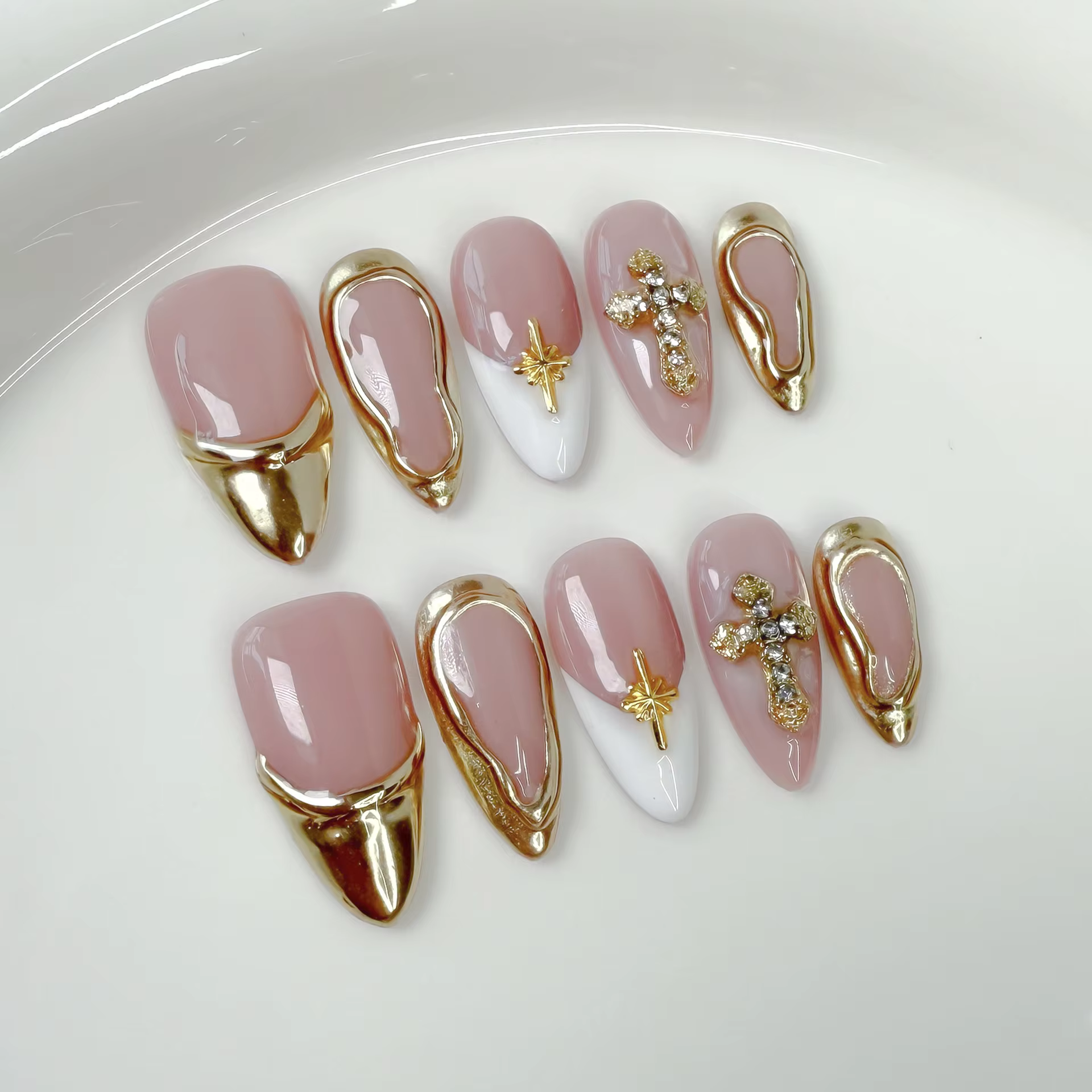 10 pièces mi-long amande Simple été faux ongles rose français presse