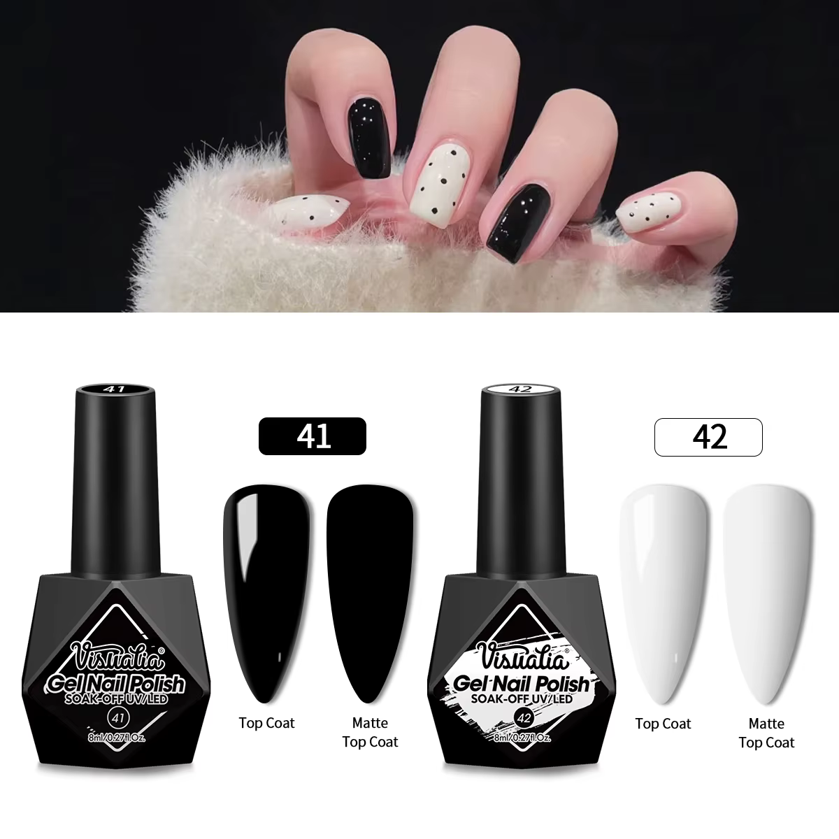 Visuatia 2/1 Vernis à ongles en gel noir et blanc - Revêtement UV brillant longue durée